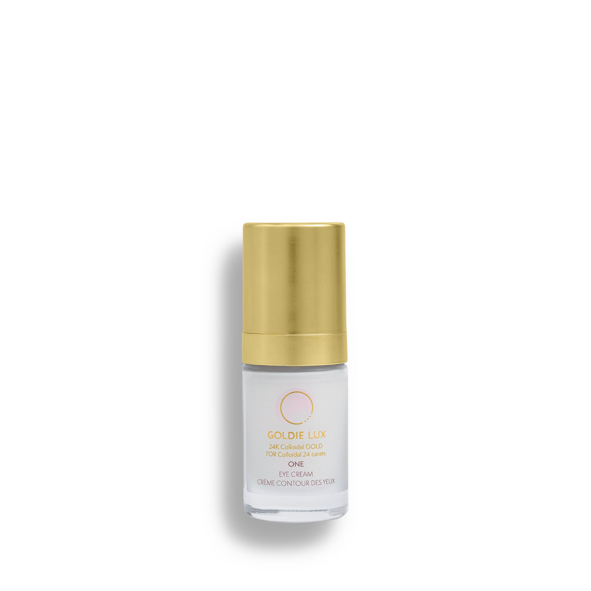 Goldie Lux | 24 Karat Colloidal Gold Eye Cream, 15 mL glass bottle with gold cap.