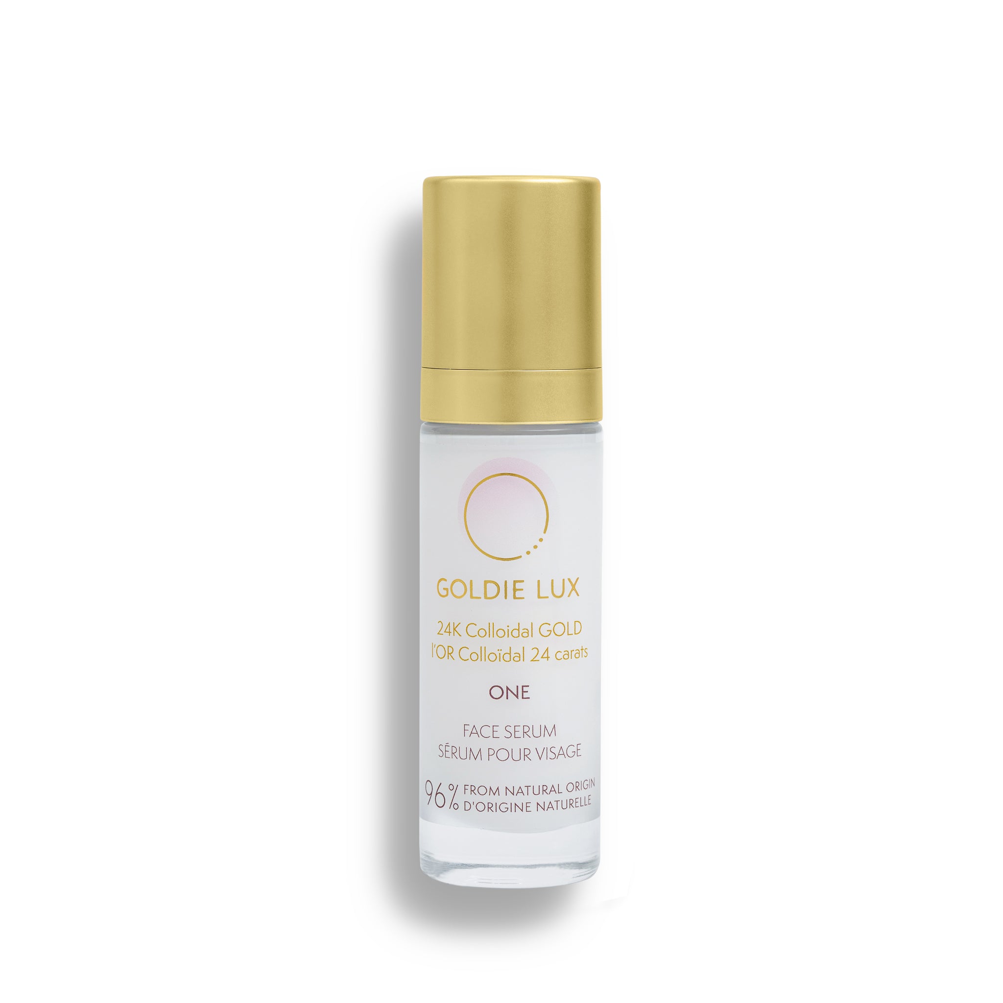 Goldie Lux | 24 Karat Colloidal Gold Eye Cream, 30 mL glass bottle with gold cap.