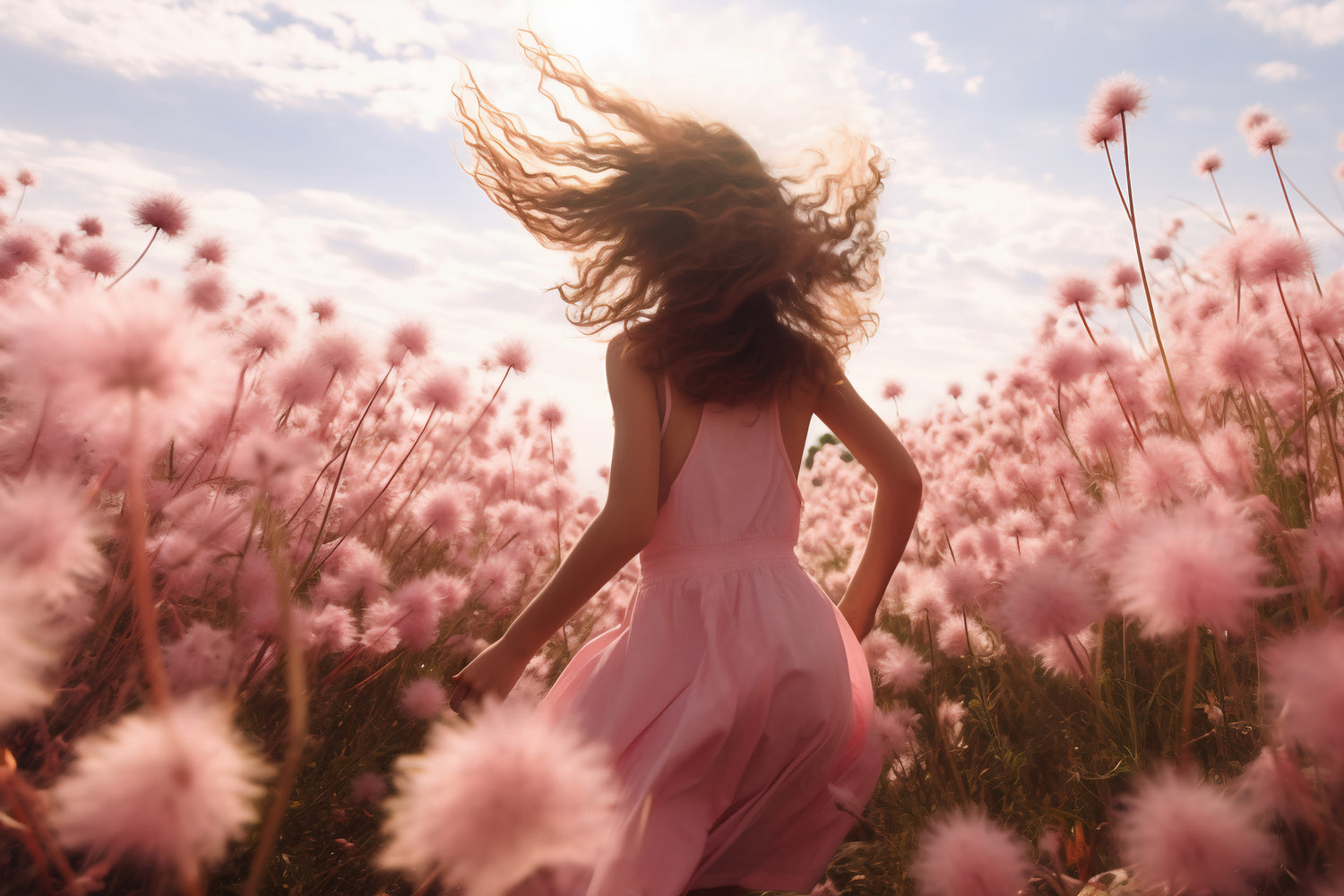 Beautiful girl in pink dress with running in a field of flowers.