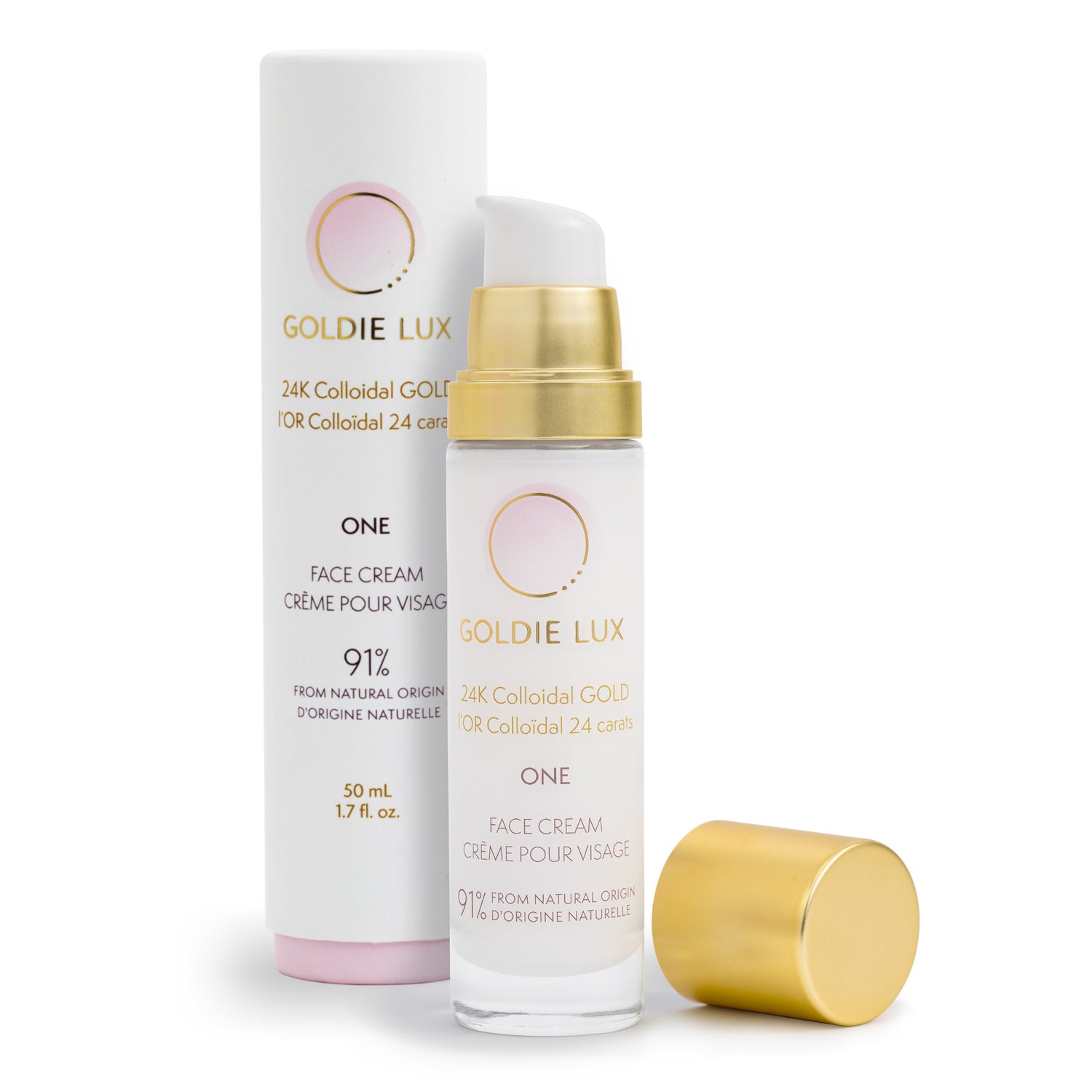 Goldie Lux | 24 Karat Colloidal Gold Face Cream 50 mL. Cap is removed from glass bottle to show pump, and the outer packaging sits behind the bottle.