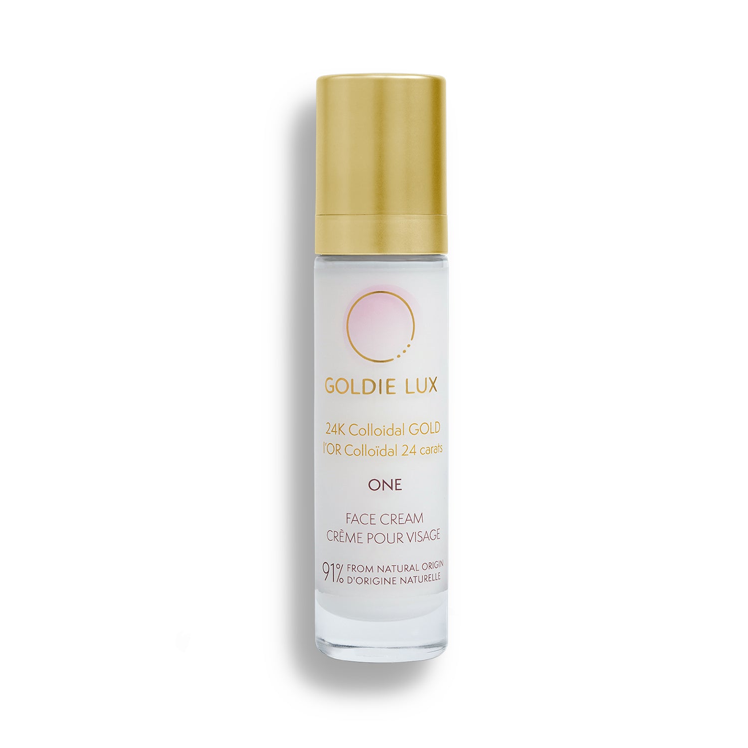 Goldie Lux | 24 Karat Colloidal Gold Face Cream, 50 mL glass bottle with gold cap. 